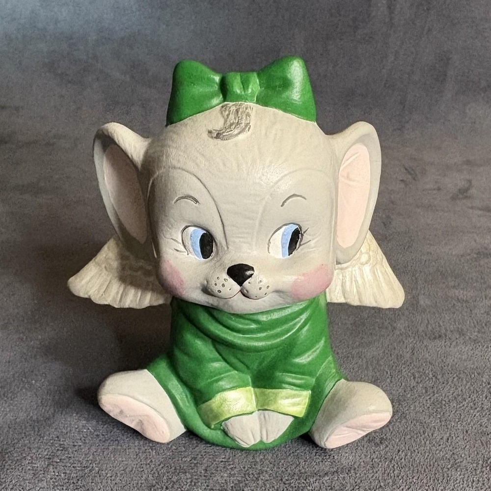 Vintage Angel Mouse Figurine Green Wings Ceramic Hand painted 4.5" Figurine 80s